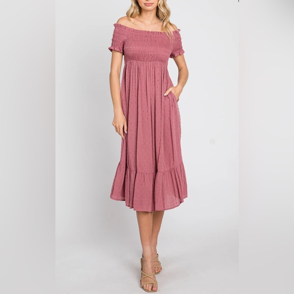 Mauve Off Shoulder Smocked Maternity Midi Dress - Picture 4 of 4